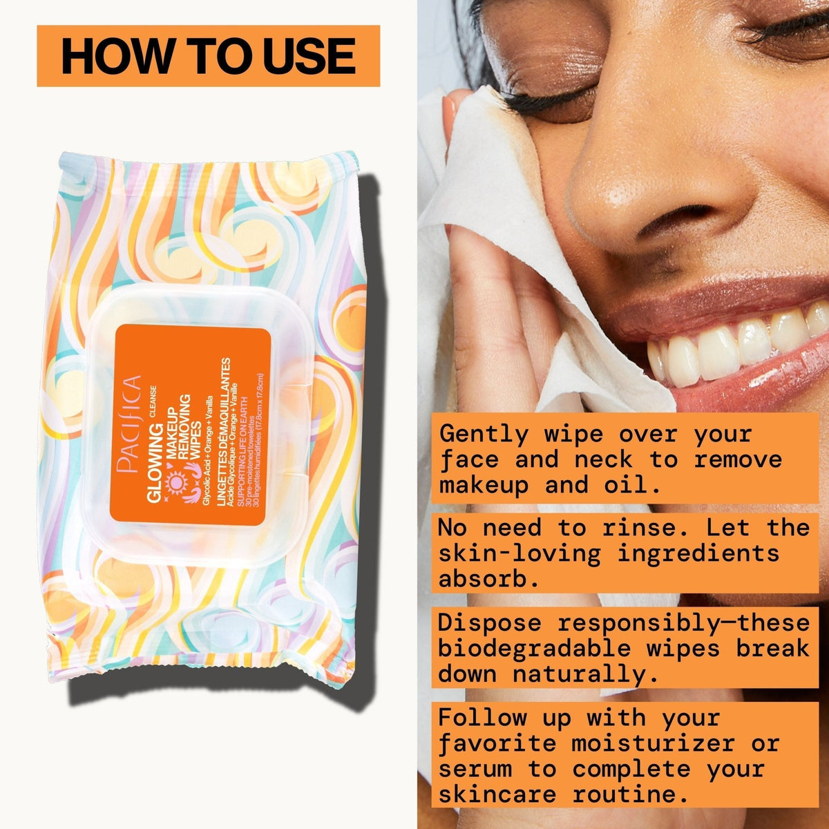 Glowing Glycolic Acid, Orange & Vanilla Makeup Removing Wipes